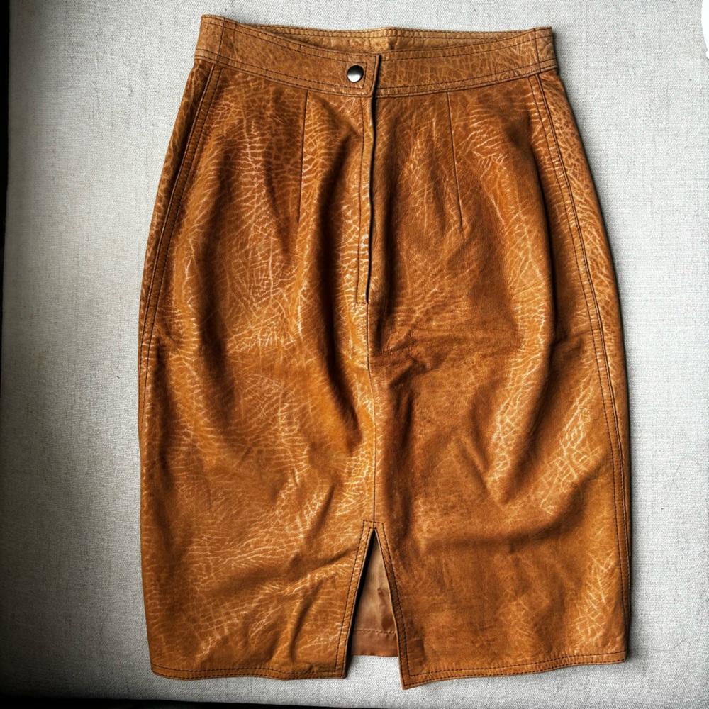 vintage 80s  tan leather pencil skirt waist 24